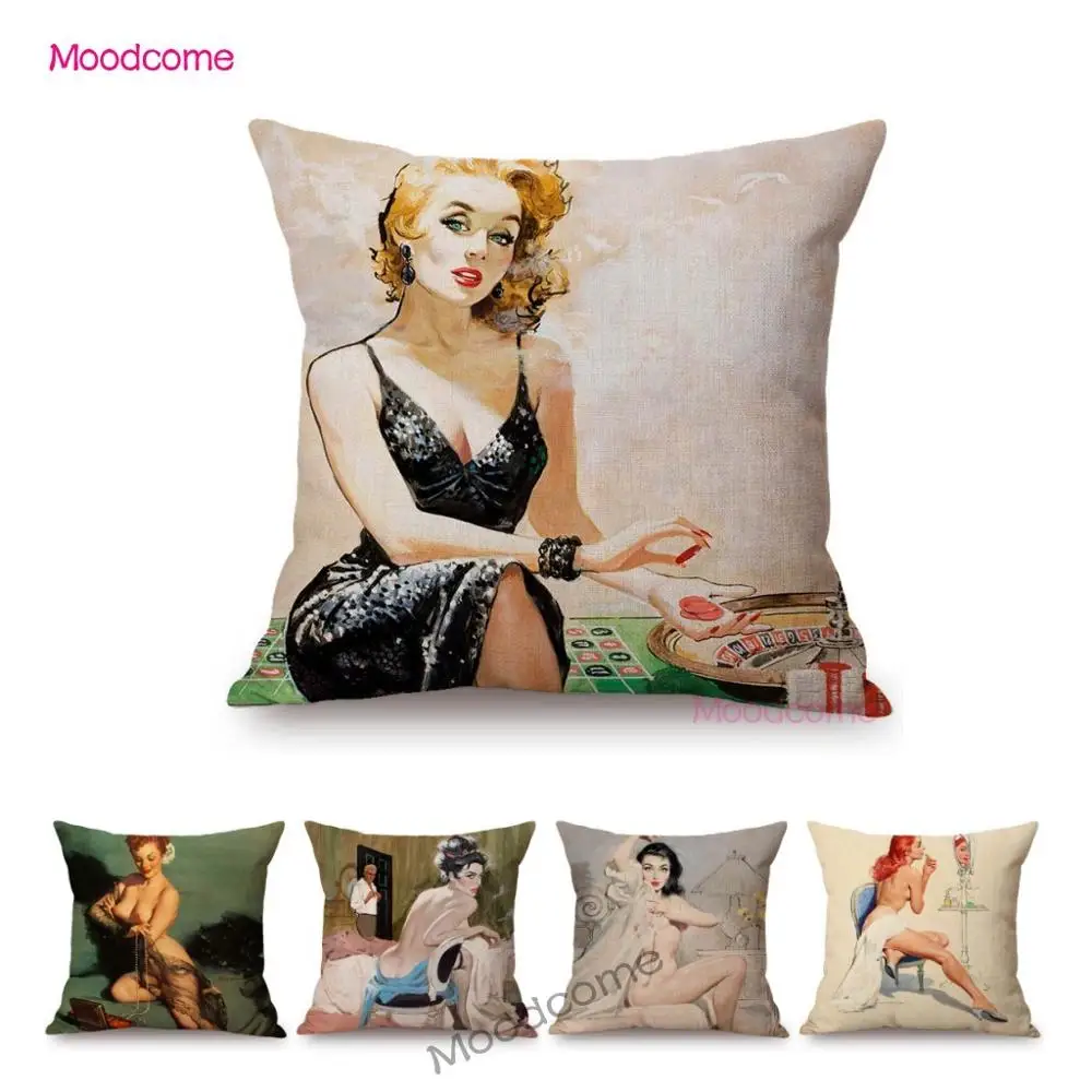 Bikini Girl Sexy Body Vintage Classic Beauties Hand Drawn Painting Sofa Cotton Linne Throw Pillow Case Decorative Cushion Cover