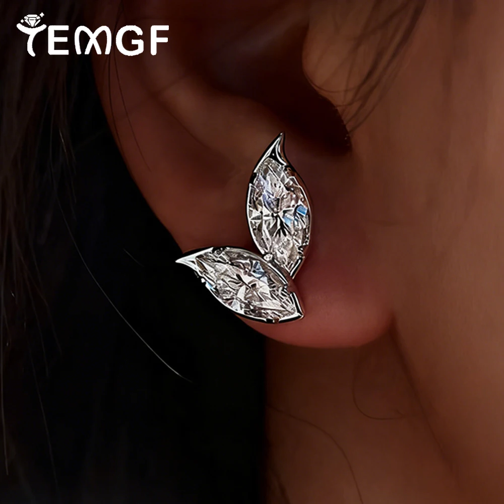 

TEMGF Full Zircon/Moissanite Stud Earrings 925 Silver Double Leaf Ear's Jewelry for Elegant Women Wedding Party Birthday Gift