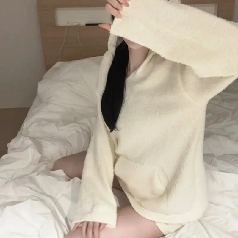 

Зимняя мягкая свободная повседневная толстовка с капюшоном Lazy Sle, топ с высокой талией, вязаный комплект из двух предметов, женский комплект Long Sve Chic Faion Ensemble