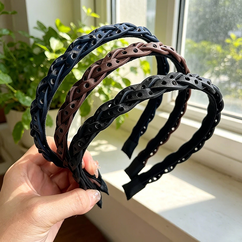 Solid Color Retro PU Leather Woven Braided Headband Daily Hair Hoop Trendy Hair Accessories for Women Girls Holiday Party Gift