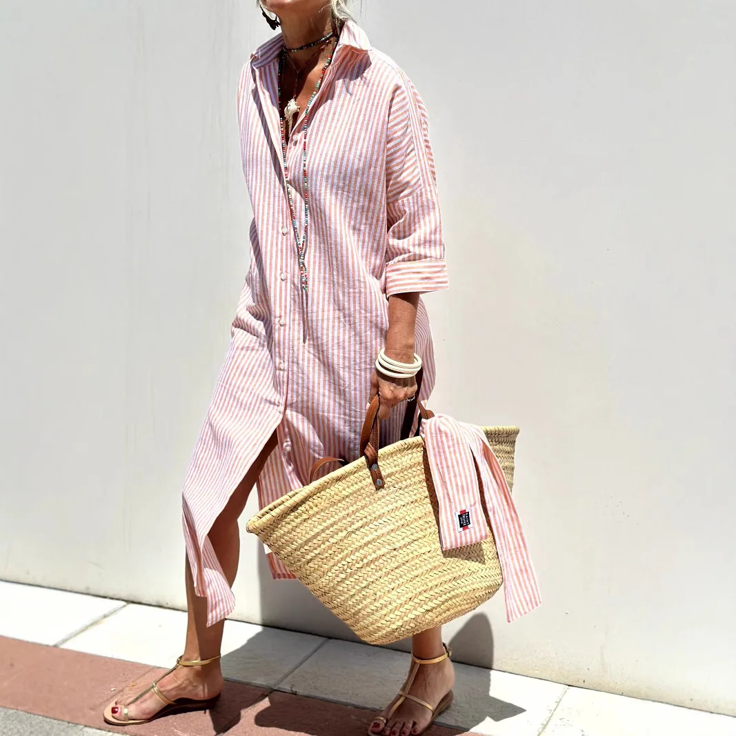 女性用シャツ ストライプドレス 半袖 ルーズボタンカーディガン ファッショナブルなサイドスリット ホリデーロングスカート 女性用