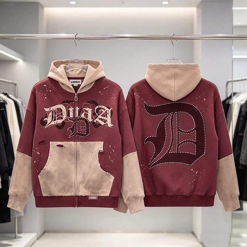 DUAA Hooded Zip Jacket for Men Vintage Splatter Paint Destroyed Patchwork Hoodie