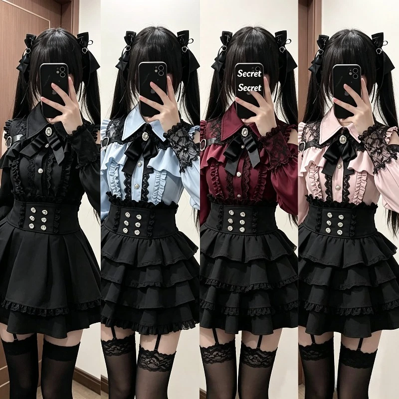 

Jirai Kei JK Skirt Women Lolita Y2K Dark Sweetheart Maid Cosplay Costume Blouse Top Skirt School Uniform Theme Party Outfits