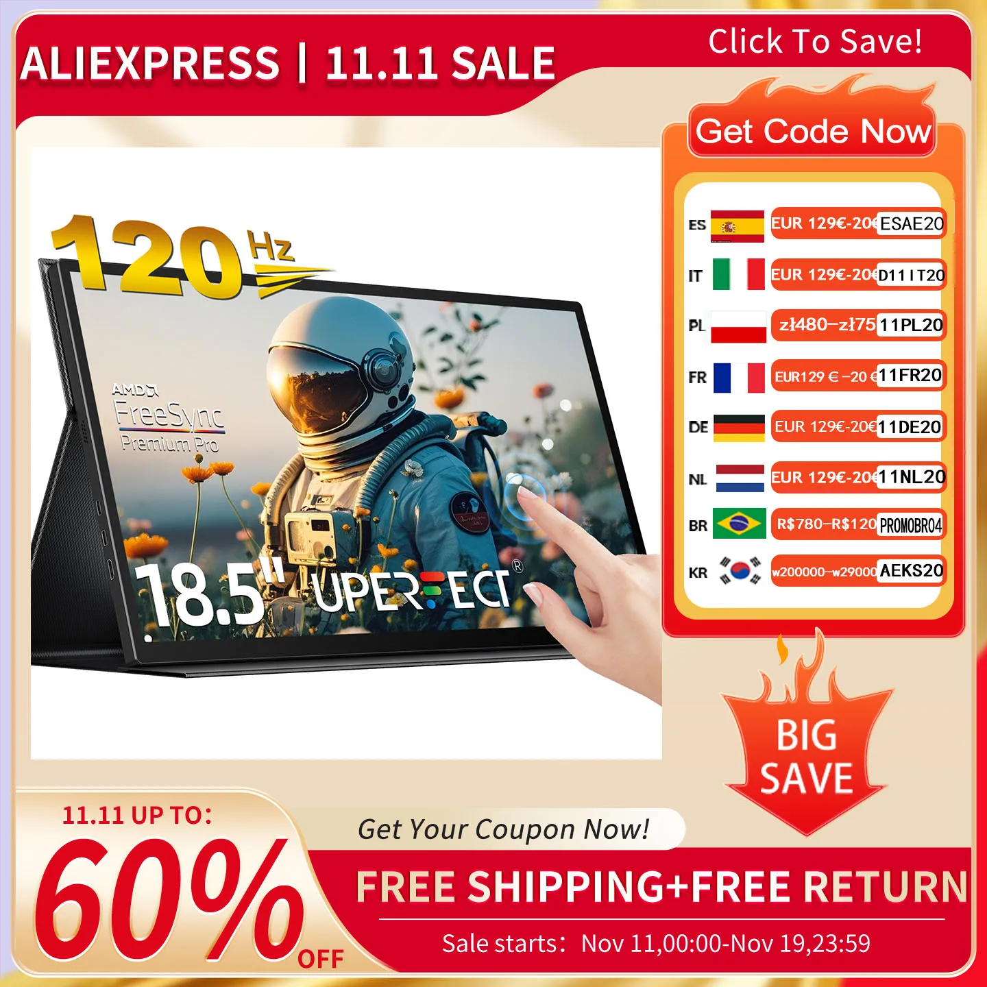 

Портативный монитор UPERFECT 18,5 дюйма с сенсорным экраном, 120 Гц, 1 мс, игровой дисплей, 400 нит с FreeSync HDR VESA для ноутбука, телефона, Xbox PS4/5