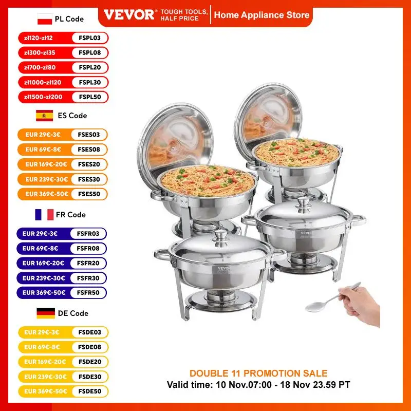 VEVOR Chafing Dish Buffet Set, 6Qt 4 Pack, Stainless Steel Chafer w/Full Size Pan, Round Catering Warmer Server w/ Lid Water Pan