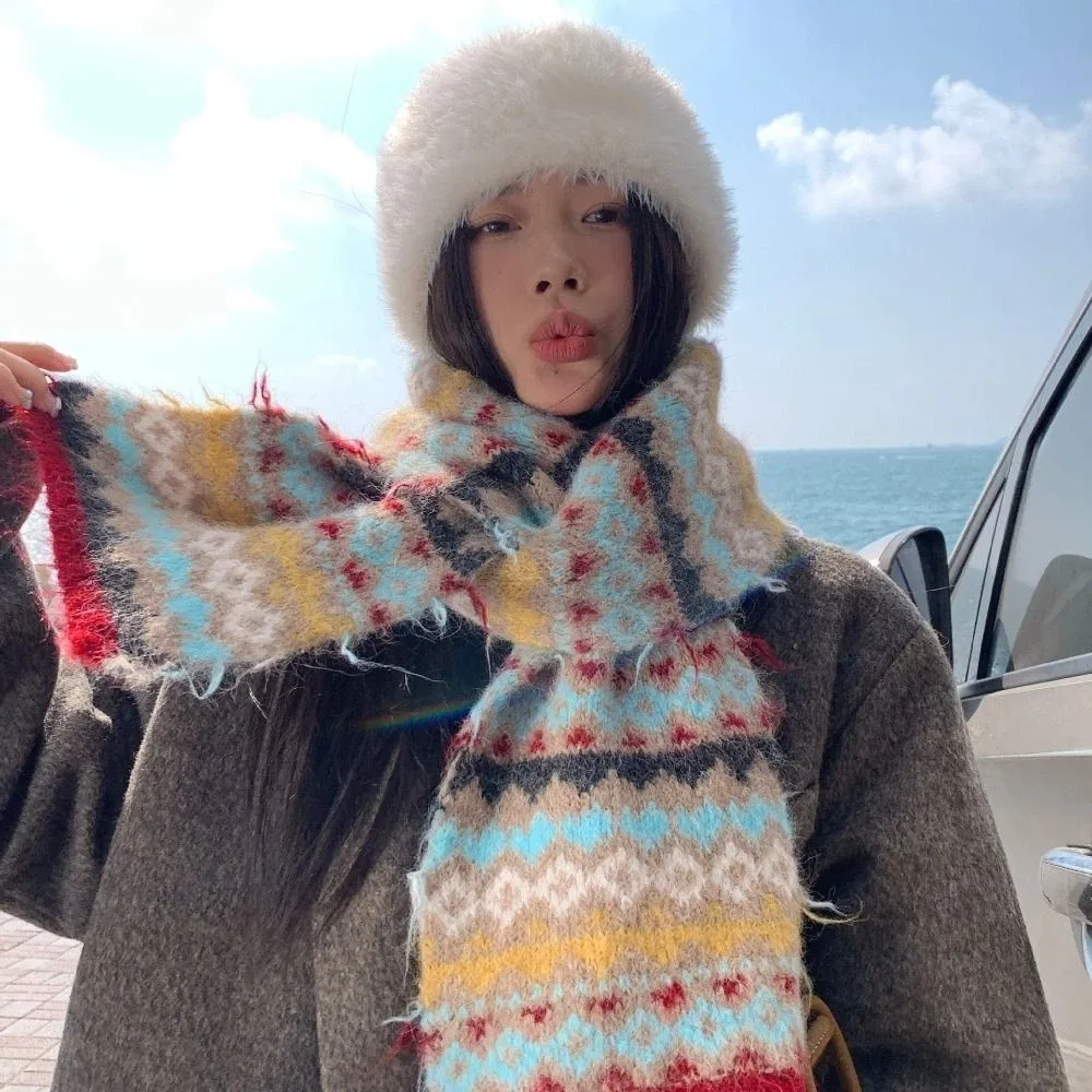 

Теплый вязаный жаккардовый шарф из шерсти с принтом в стиле Fair Isle, винтажный зимний шерстяной шарф для защиты от холода, для улицы