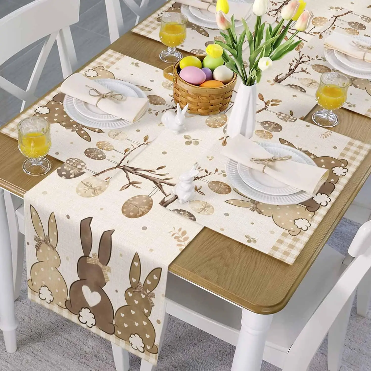 Spring Easter Bunny Eggs Linen Table Runner Holiday Party Decor Washable Farmhouse Kitchen Dining Table Runner Easter Decoration