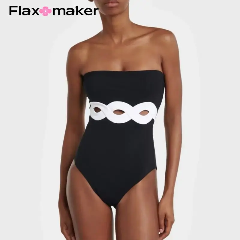 FLAXMAKER Cutout Black and White One Piece Swimwear Women Vacation Beachwear Luxury Bathing Suit Bodysuit Dress