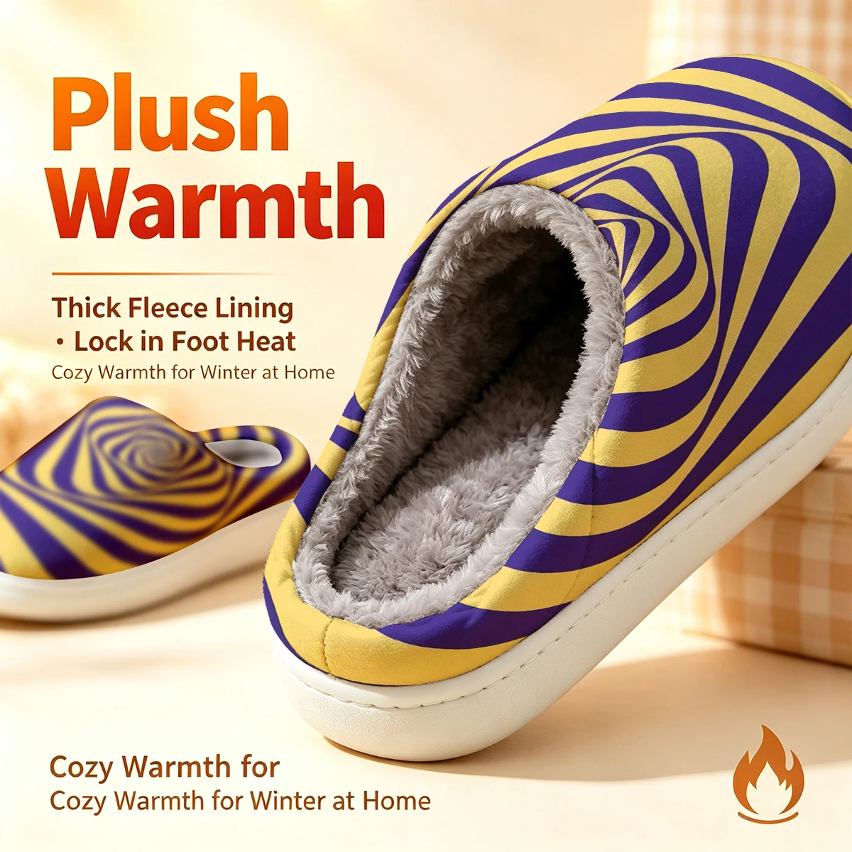 Purple-Yellow Spiral Christmas White Slippers Warm Plush Indoor Shoes Non-Slip Winter Slippers Family Holiday Gifts Soft