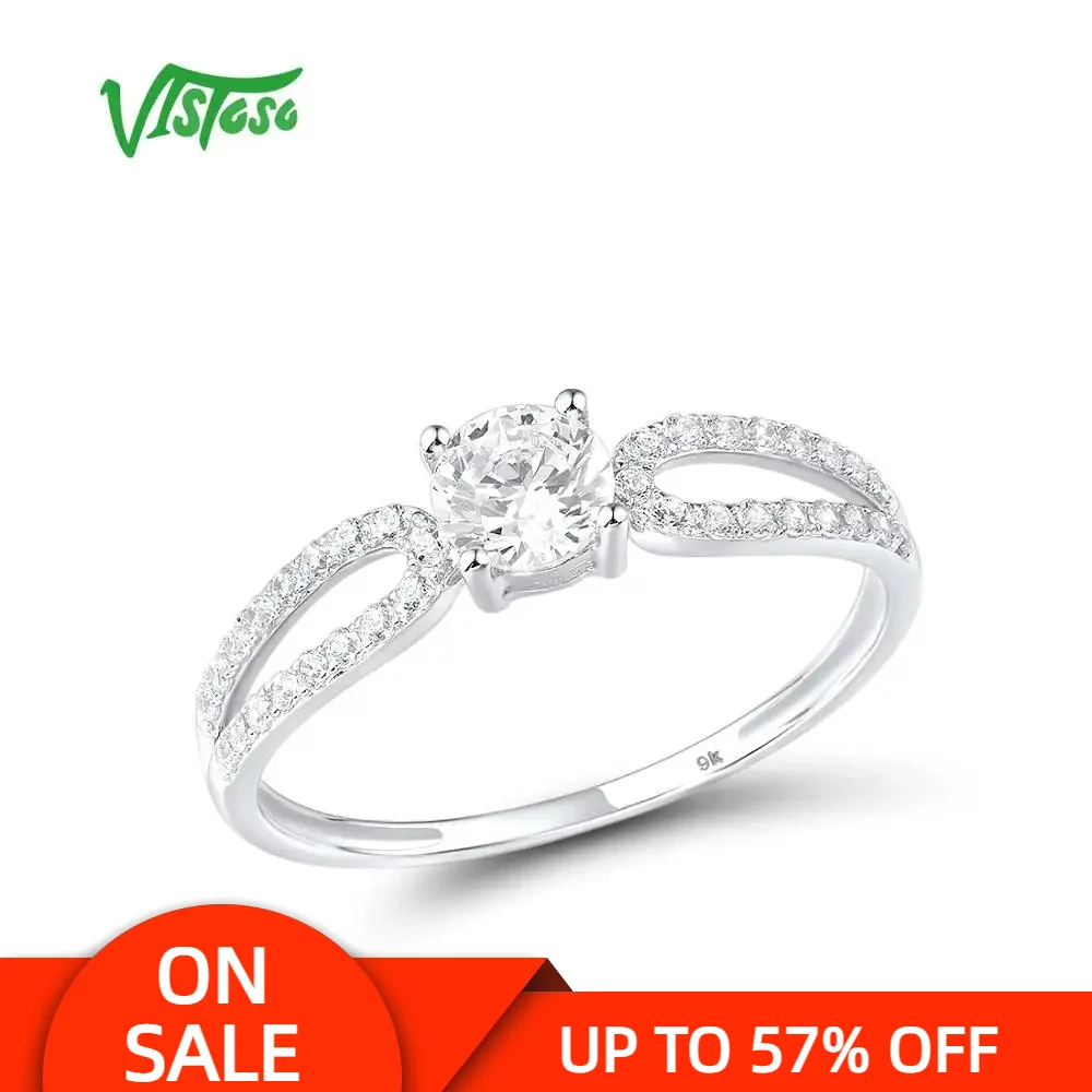 VISTOSO Gold Rings For Women Genuine 9K 375 White Gold Ring Sparkling White CZ Promise Band Rings  Anniversary Fine Jewelry