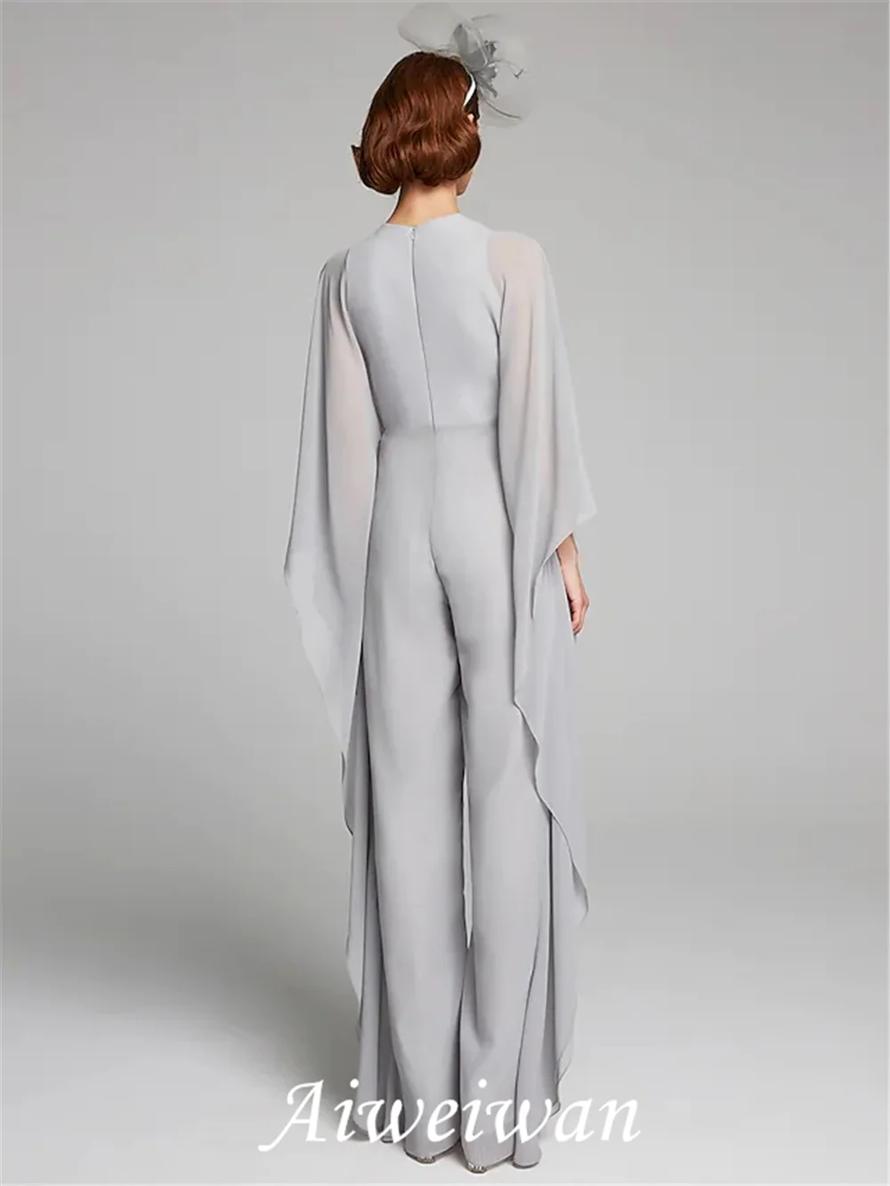 Pantsuit / Jumpsuit Mother of the Bride Dress Jewel Neck Floor Length Chiffon Long Sleeve with Ruching