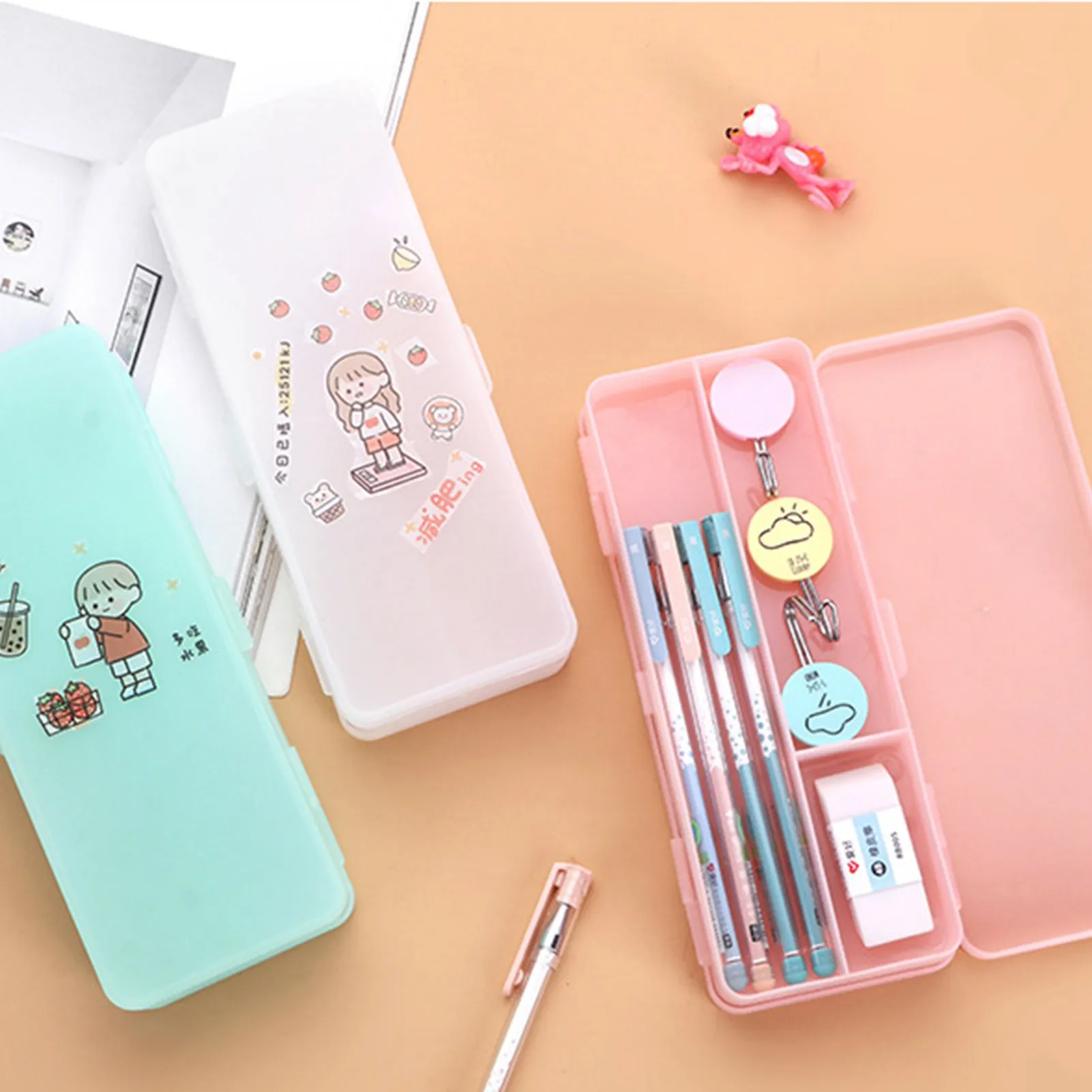 Transparent Frosting Double-Layer Pencil Case Large Capacity Pencils Pouch Office Supplies Students Stationery with Stickers