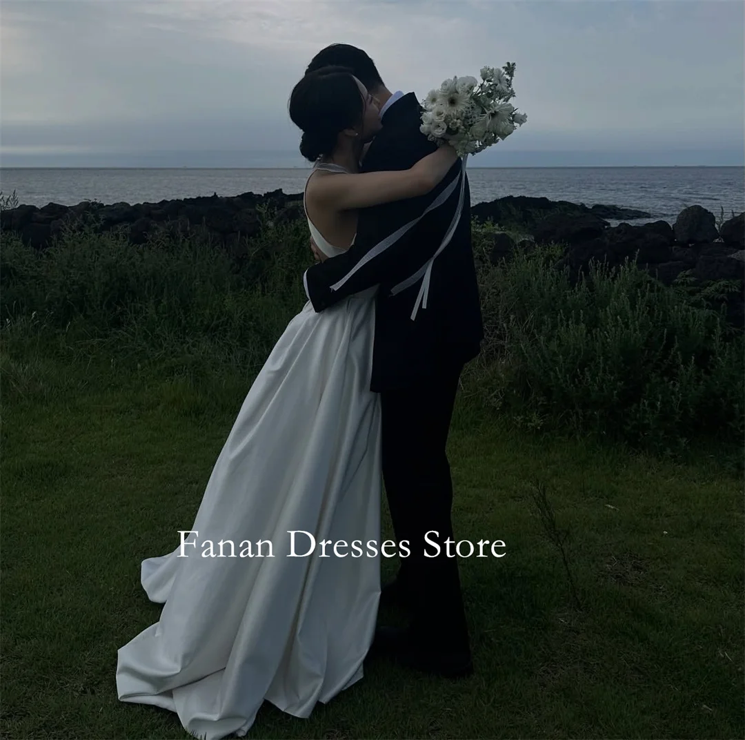 FANAN Vestidos de novia con falda fruncida y cuello halter, corte en A, sin mangas, con cordones, vestidos de novia sencillos, color marfil personalizado