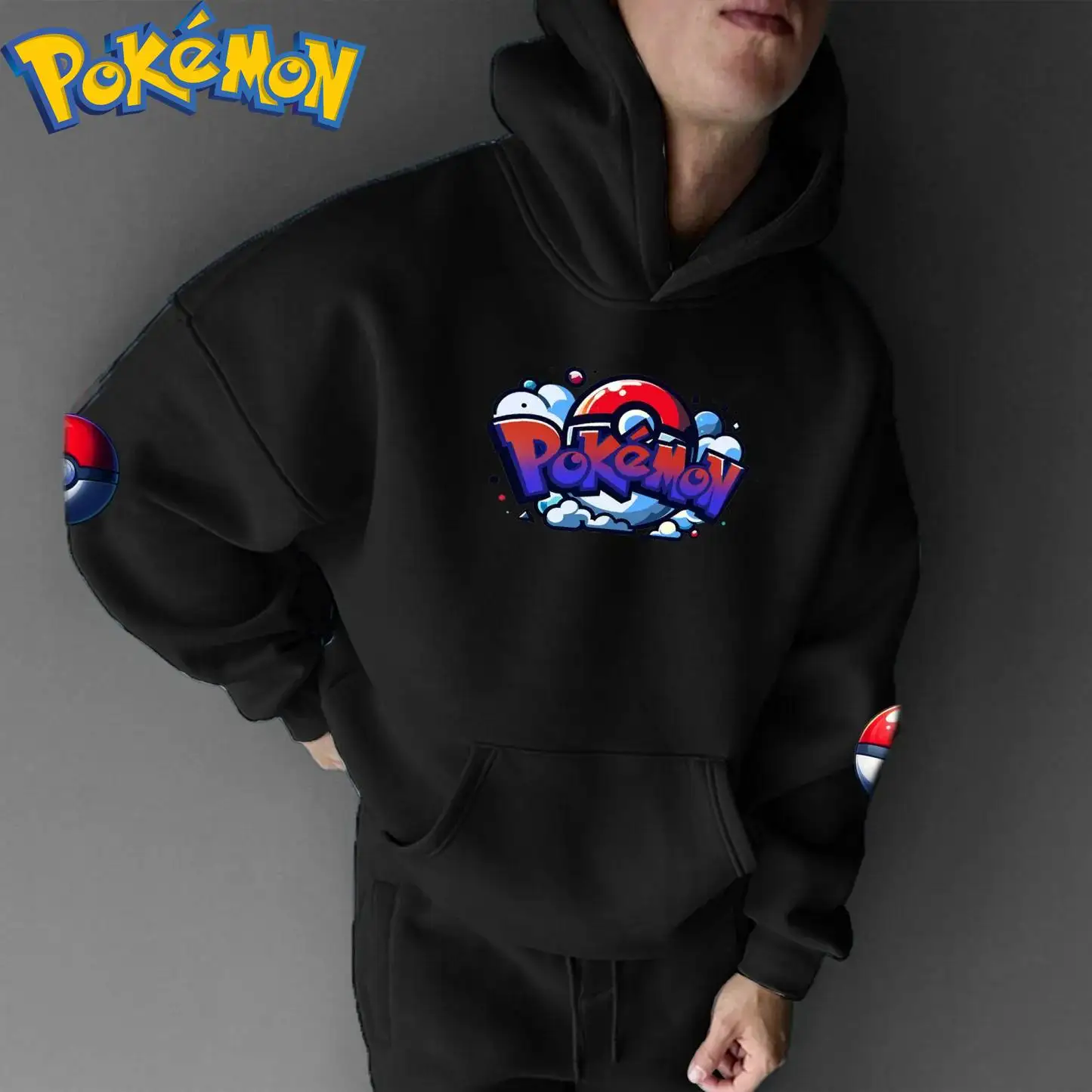 Pokemon Anime Character Cotton Hoodie Harem Pants Set Black Multi Color Back Print with Cloud Effects Two Piece Outfit Casual