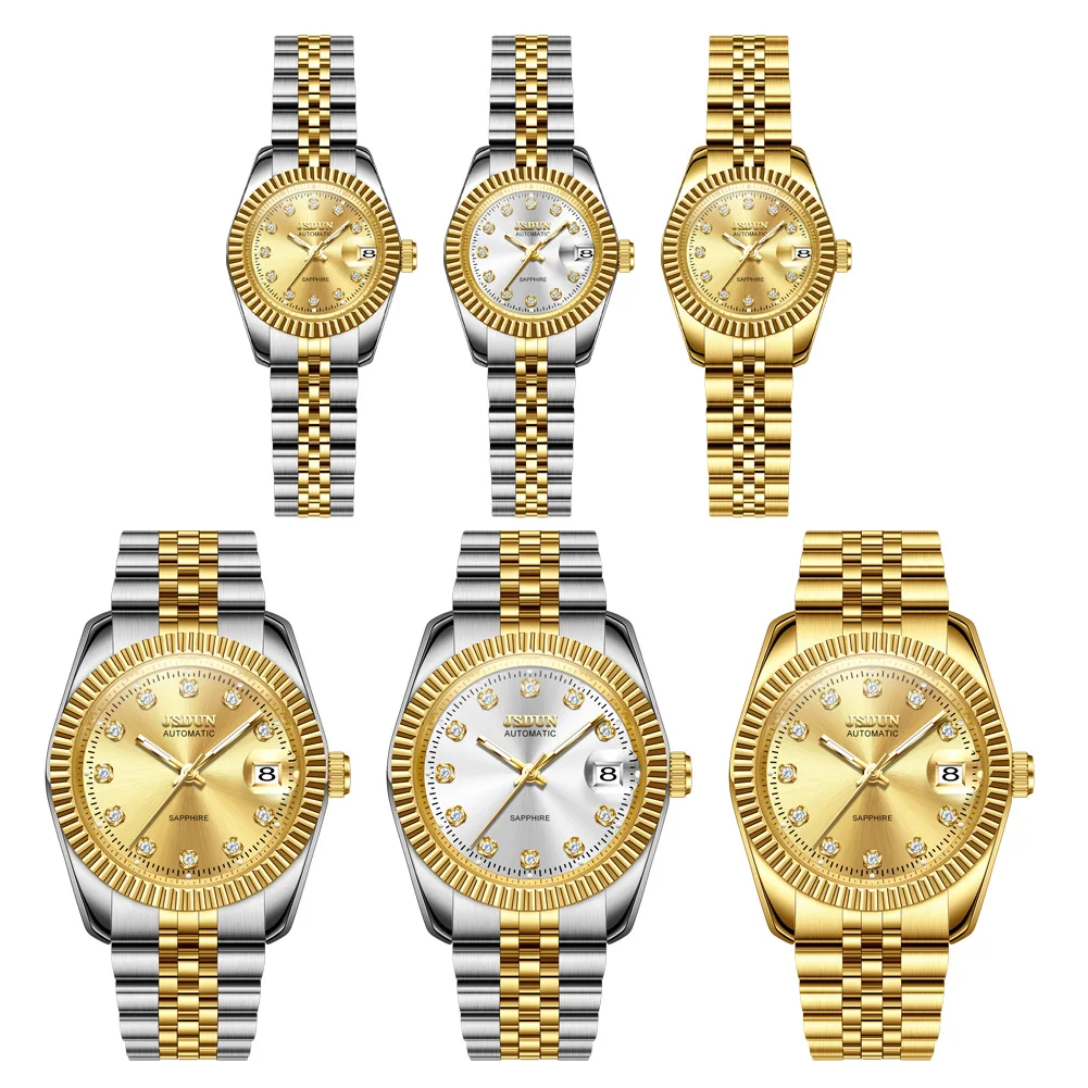 JSDUN ساعات الزوجين الفاخرة الأزياء الجميلة الصلب أعلى العلامة التجارية الأصلية التلقائية الميكانيكية ساعة اليد للماء رجل وامرأة ووتش