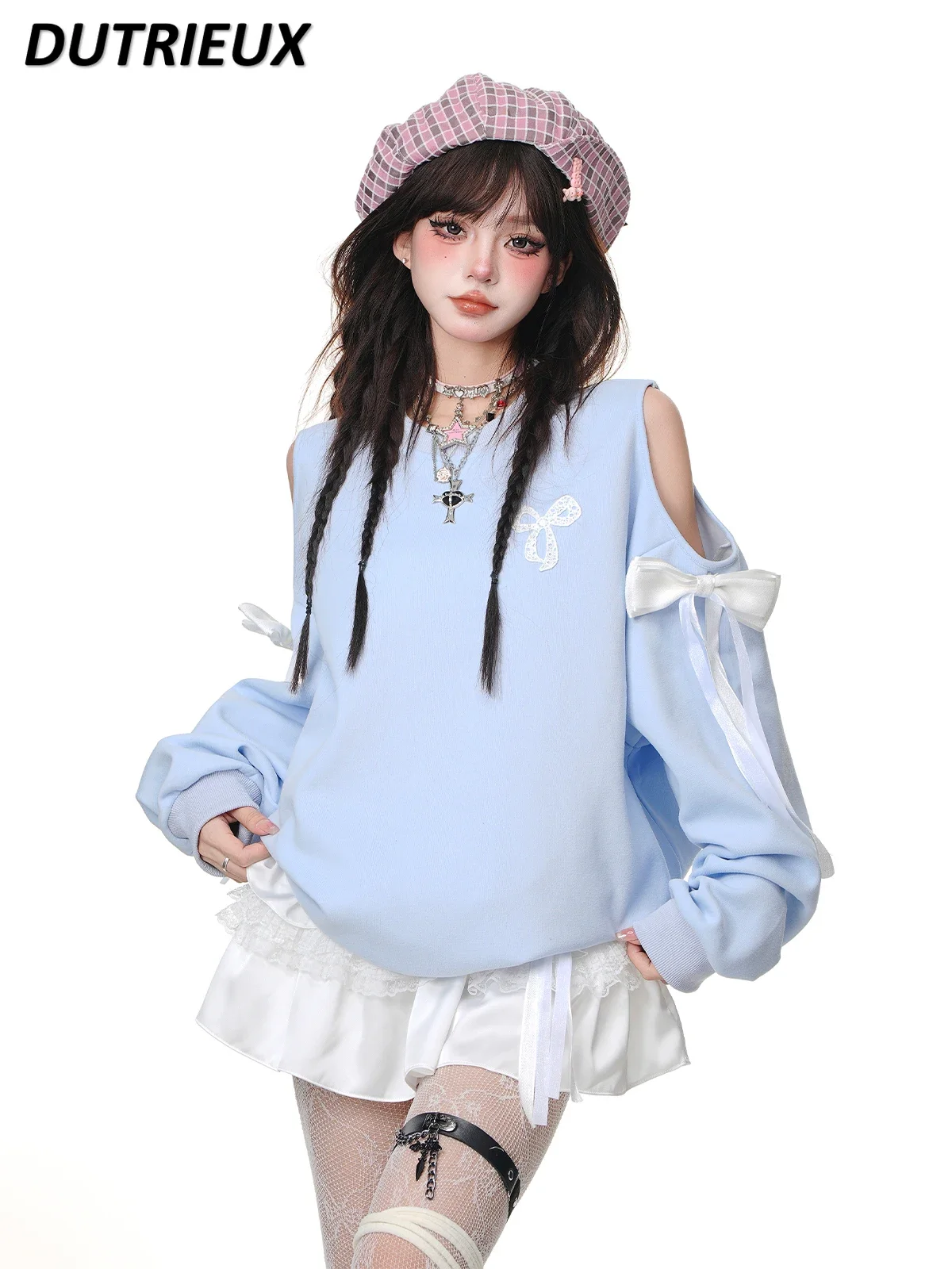 

Japanese Spring and Autumn New Sweet Girls Solid Color Long-sleeved Sweatshirt Women's Loose Off-the-shoulder Bow Jumper