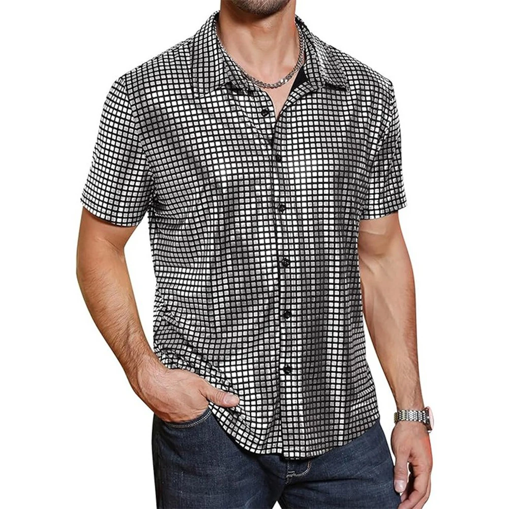

Blouse Shirts Disco Fashion Lapel Mens Sequins Short Sleeve Stylish Button Down Cardigan Comfortable Brand New