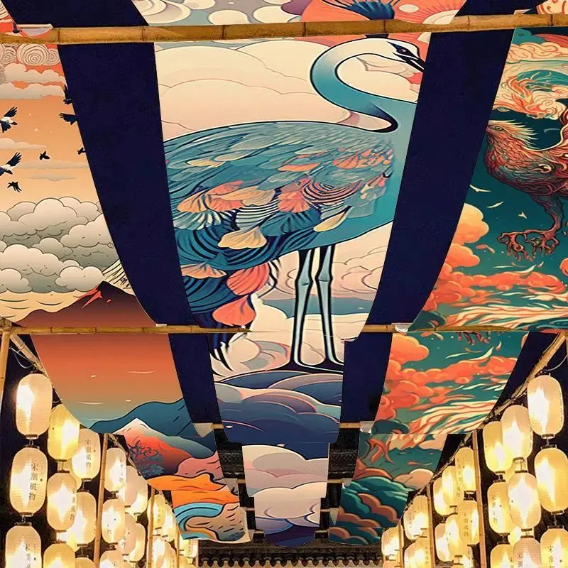 VIKAMA Ceiling Hanging Curtain Chinese Crane Cloud Mountain Decorative Banner Restaurant Bar Cafe Wedding Home Decor