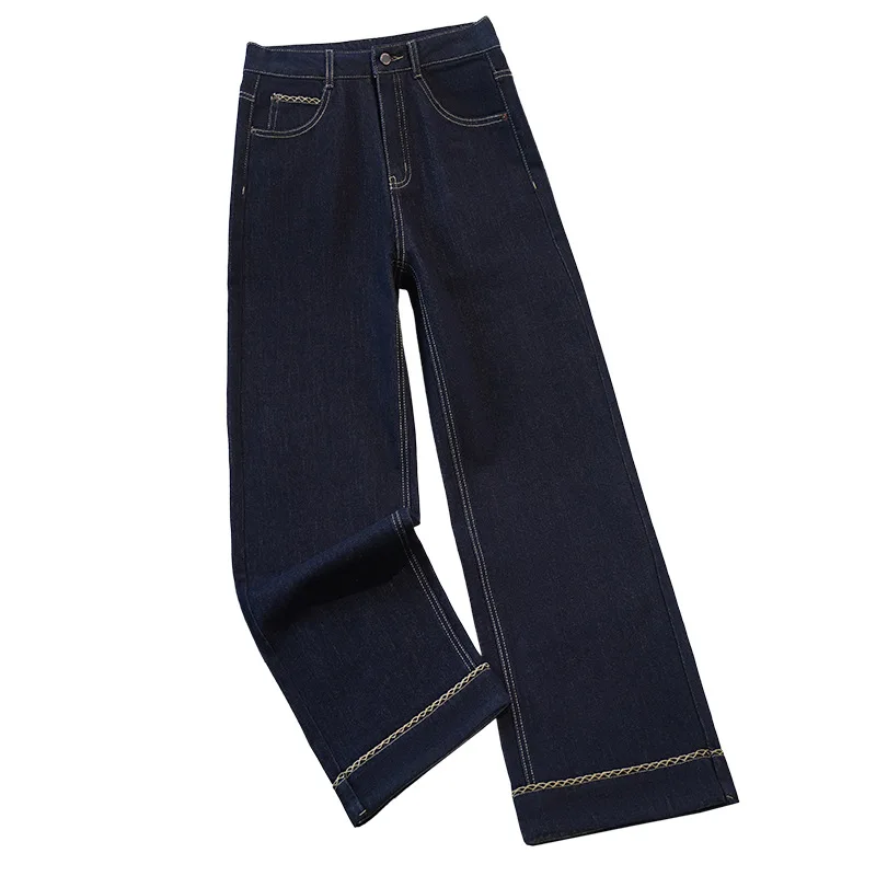 سروال دينم أزرق ضيق للنساء، سروال ريترو للربيع والخريف متعدد الاستخدامات عالي الخصر مستقيم الساق، سروال بطول الأرض