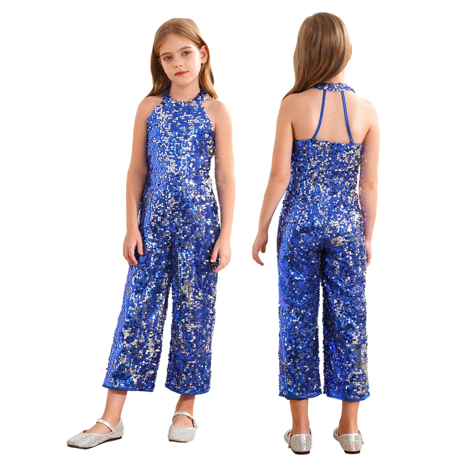 Teen Girls Sequin Party Bodysuit Sleeveless Halter Neck Jumpsuit Birthday Wedding Party Evening Dance Stage Performance Rompers