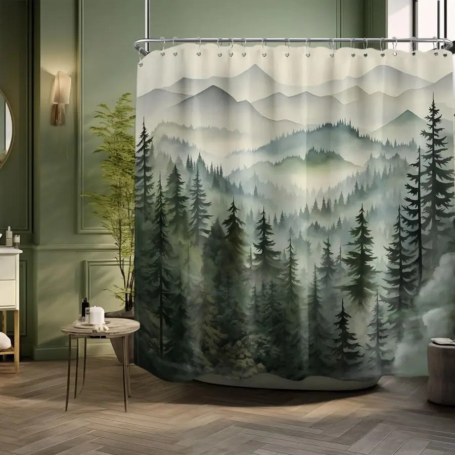 

Mountain Shower Curtain Green Forest Nature Shower Curtains for Bathroom Rustic Woodland Pine Tree Landscape Bath Decor Sets, W