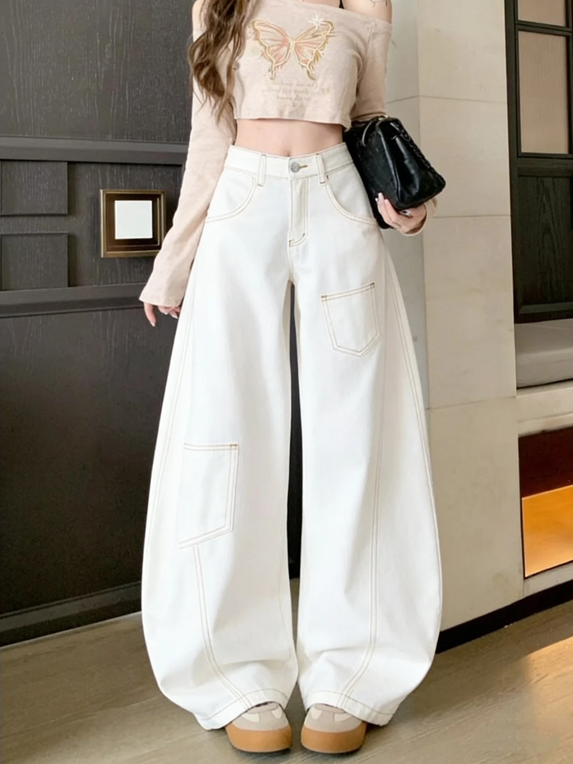 

White Wide Leg Jeans Women's Street Sle High Waist Slimming Loose American Retro Contrast Stitching Decosition Jeans