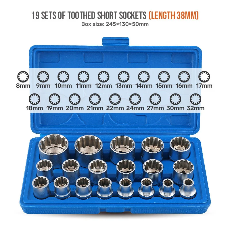 19 Buah Set Soket Torx 1/2 Inci 12 Titik Drive Torx Spline Bit Soket Kit Alat Perbaikan Otomatis 8-36MM Set Soket Impact
