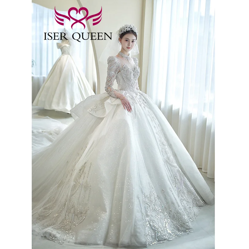 Personnalisé 2025 hiver nouvelle robe de mariée manches longues robe de bal dos creux perles brillant luxe robe de mariée pour mariage WX0491