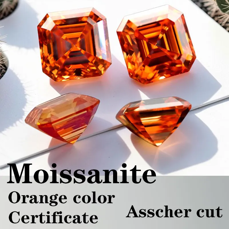 

Moissanite VVS1 Square Shape Asscher Cut Orange Color Certificate Artificial Gemstone