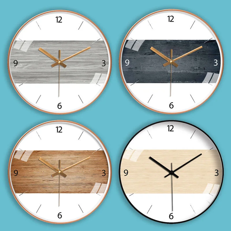 TUDA Living Room Decoration Wood Grain Simple Black Punch-free Wall Clock Bedroom Creative Golden Mute Cartoon Glass Clock