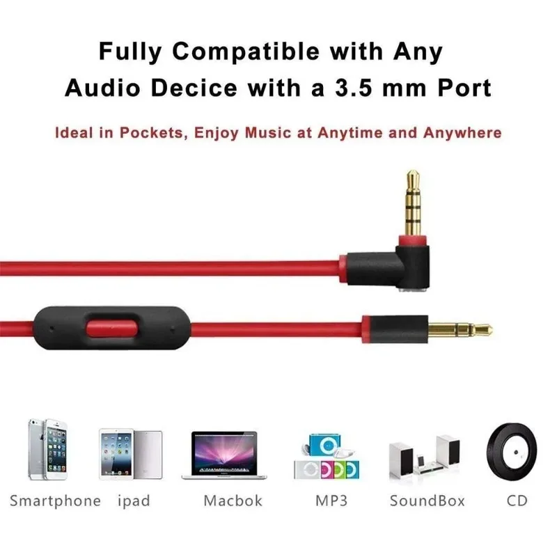 

For Beats By Dr Dre Headphones Solo Black+red Replacement Audio Cable Cord Wire with In-line Microphone and Control