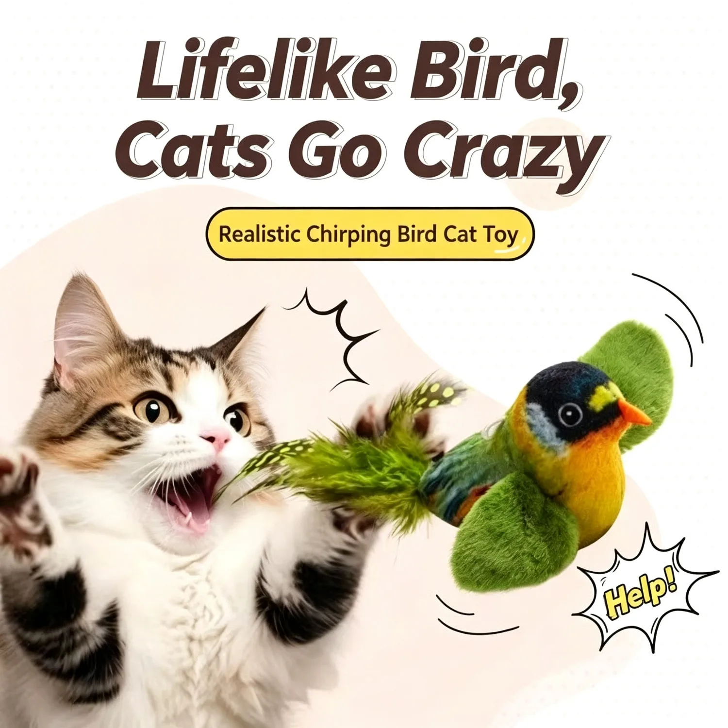 Chirping Bird Cat Toy, Interactive Squeaking Cat Teaser with Catnip, Plush Feather Fun Hanging Toy for Indoor Cats Kittens