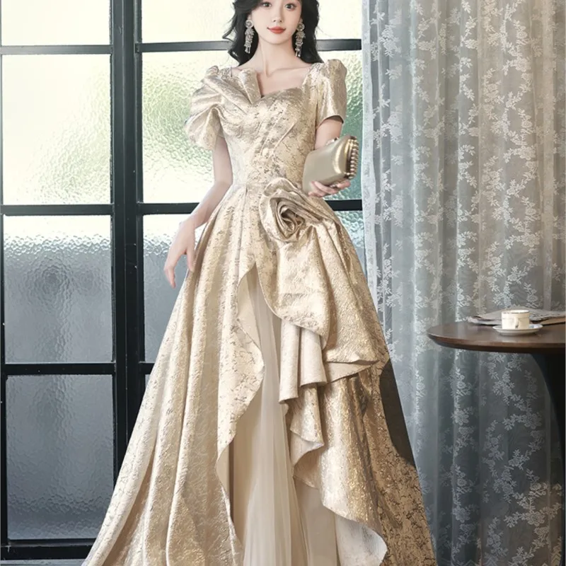 

Golden Women's Banquet Temperament Host Art Exam Graduation Adult Ceremony Dress Light Luxury Niche