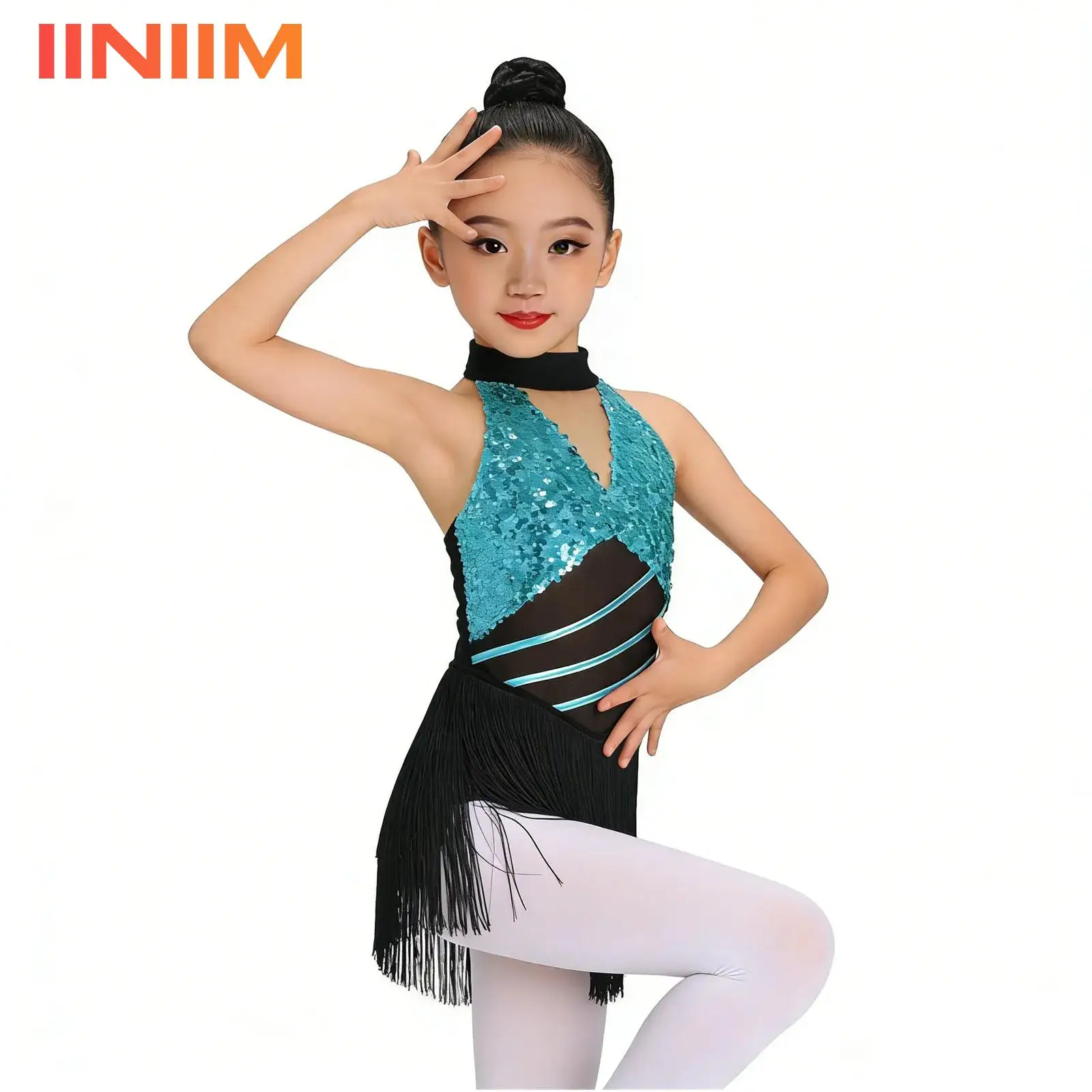 

Kids Girls Turquoise Sequin Latin Dance Dress Fringe Salsa Performance Costume Halter Mesh Metallic Back Tassels Leotard Dress