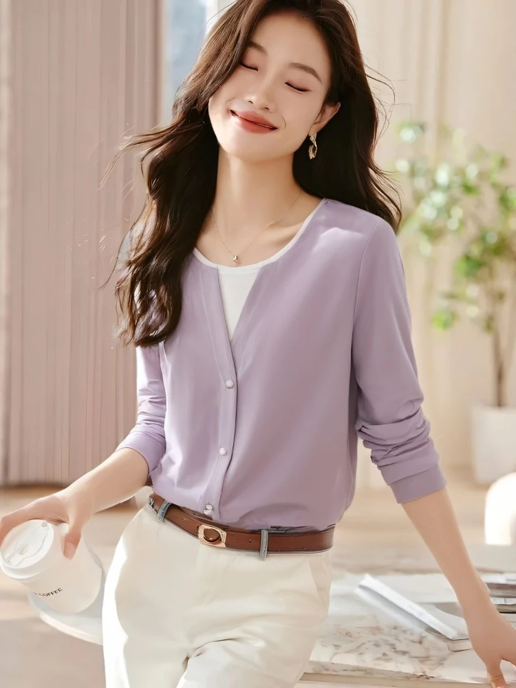 

Женская фиолетовая футболка из двух предметов с длинными рукавами, 100% хлопок, осень 2026, повседневный топ, шикарный дизайн, внутренняя одежда, базовая рубашка