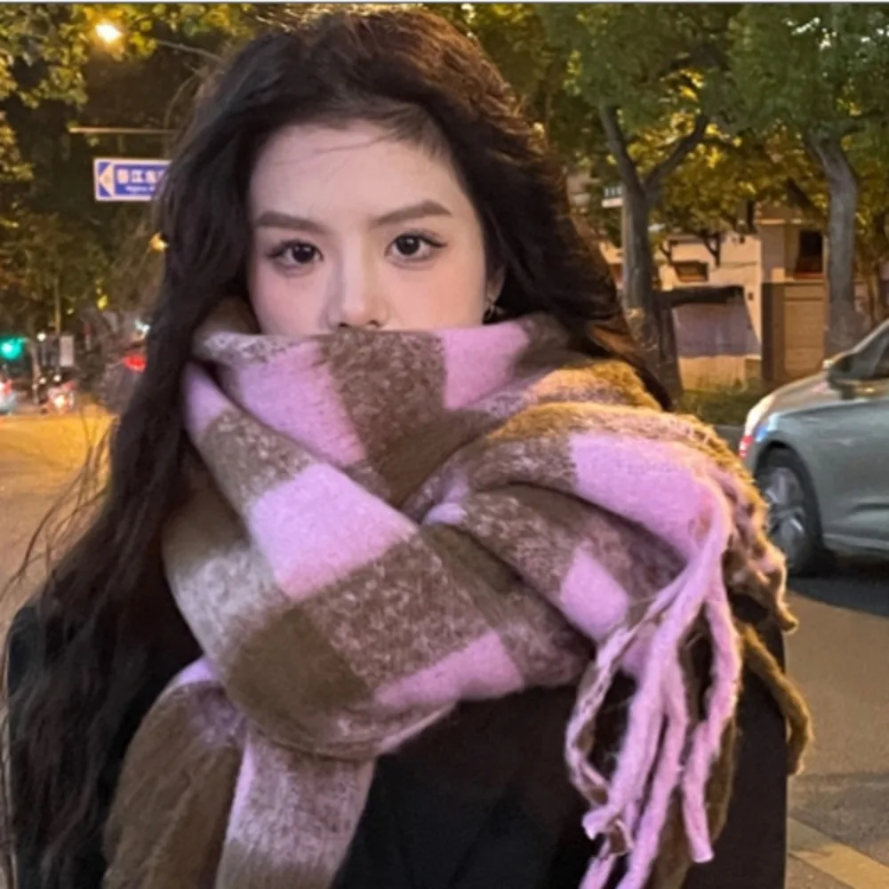 

Simple Mohair Plaid Wool Scarf Tassel Winter Cashmere Scarves Warm Solid Color Long Shawl Student