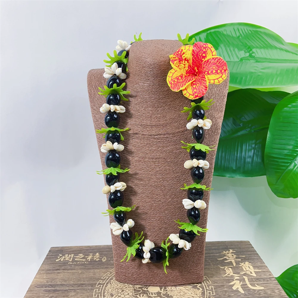 Hete Verkoop Populaire Hawaiiaanse Kukui Noot Shell Lei Met Cowrie Shell Groen Blad Hula Dansbenodigdheden Ketting 80Cm Snelle Verzending