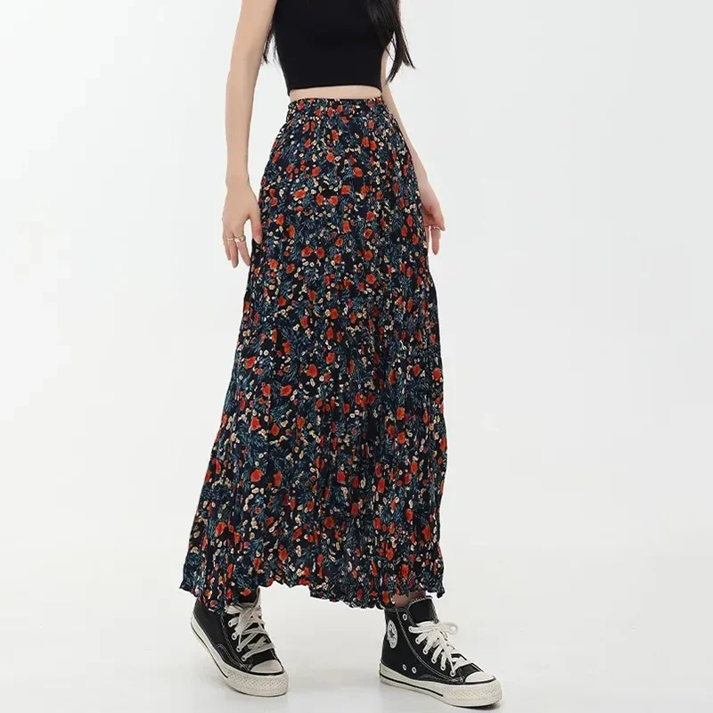 Biyaby Vintage Flower Printing Long Skirt Women Summer High Waist Pleated Mid Length Skirts Woman Korean Loose A-Line Skirts
