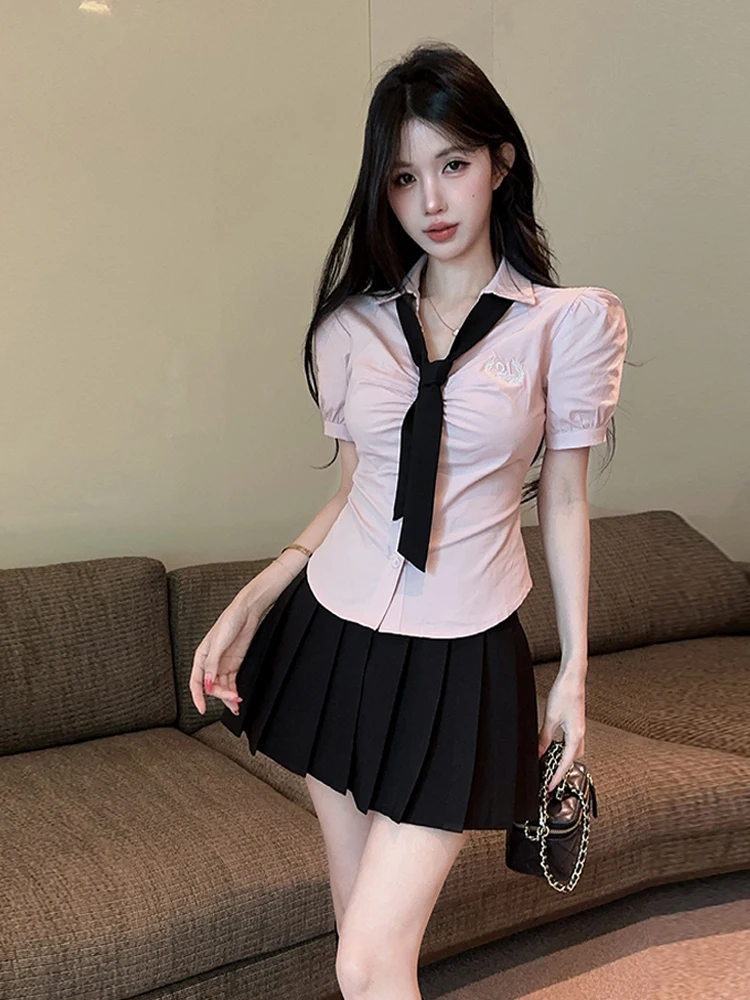 

Cute School Girl Style Pure Desire Waist-Cinching Slimming Bubble Sleeve Shirt Half-length Skirt Uniform Set Women's Fashion