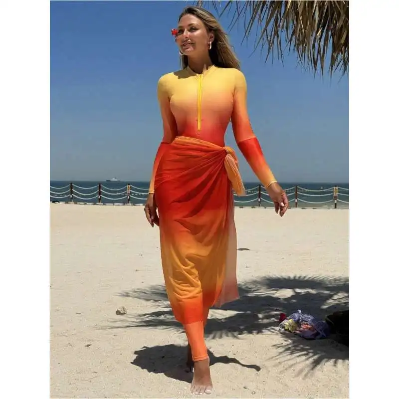 One-piece swimsuit with a sexy cover-up skirt set for women, ideal for seaside vacations, slimming beach two-piece set, sun prot