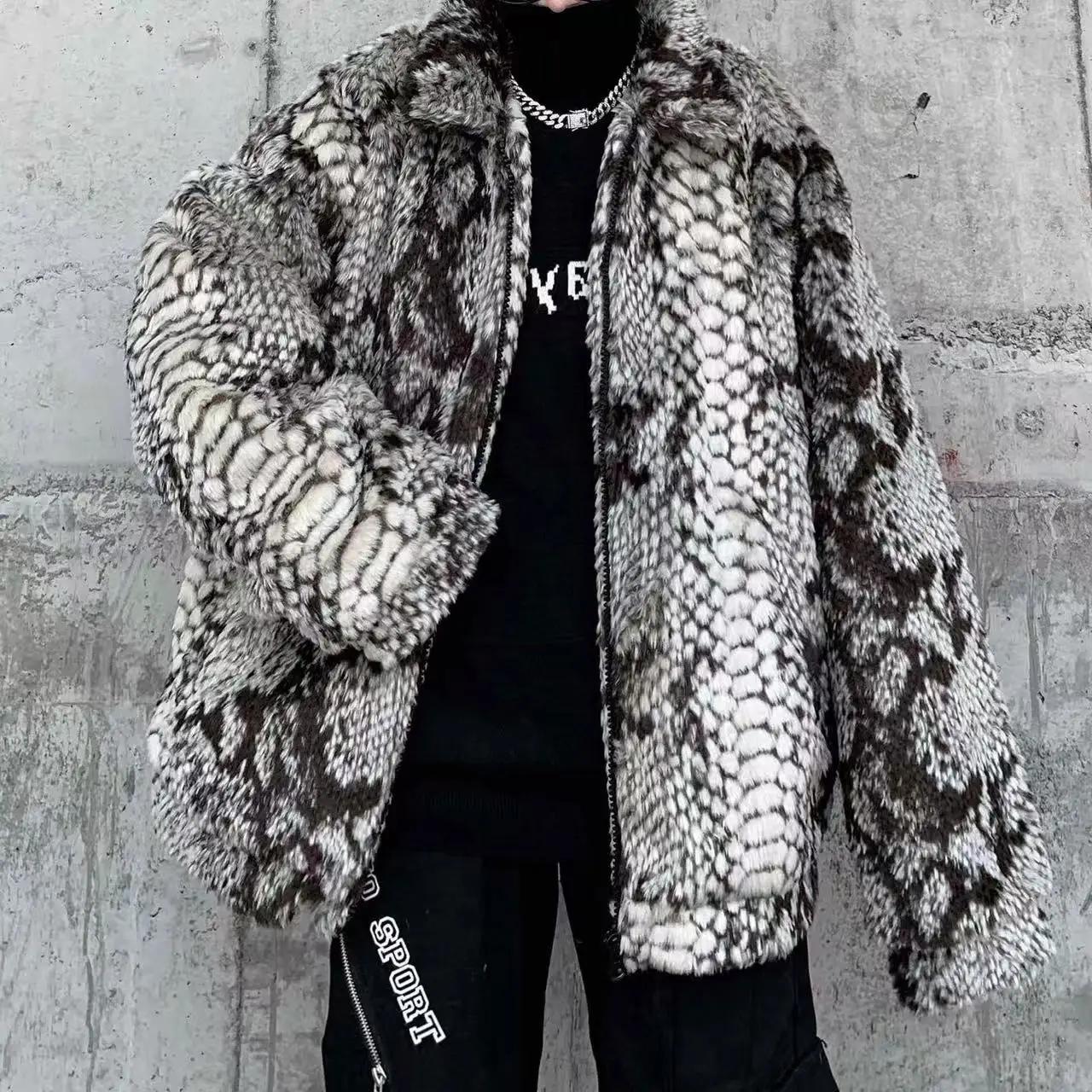 Trendy Cool Python Pattern Tops Men's Artificial Fur Thicken Coat Stylish Street Y2K Fashion Overcoat Loose Fit Male Overwear