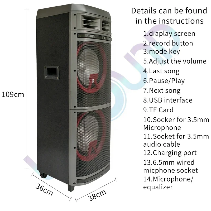 LEISOUND Double 12inch Pull Rod Portable Wireless Rechargeable Battery Trolley Party Dj Speaker