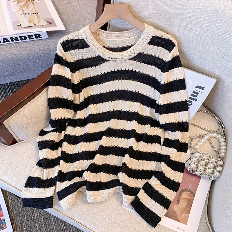 

2022 autumn winter large sweaters hollow out knitted jumpers women Striped fashion loose long sleeve L-4XL oversize pullovers