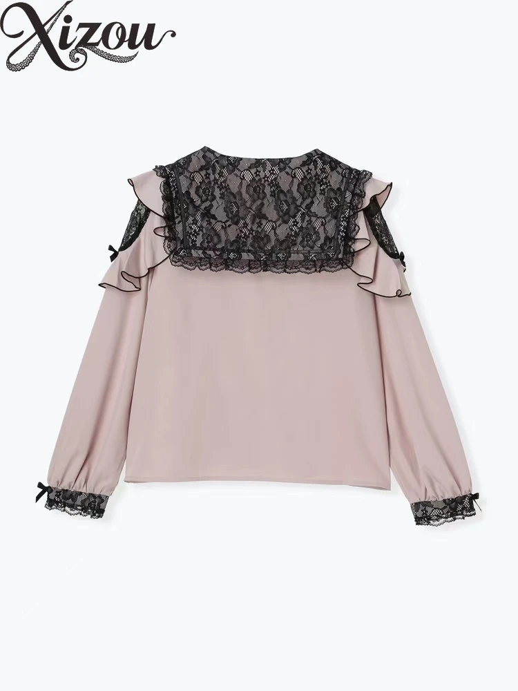 Haut à manches longues en dentelle avec nœud japonais, chemisiers à col bleu marine, Style Lolita, chemise Cosplay pour femmes, printemps automne