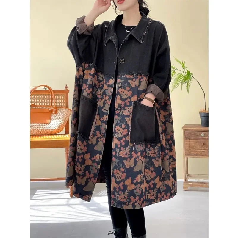 Spring Autumn Women\'s Jeans Windbreaker Vintage Stitching Printing Medium To Long Denim Jacket Female Casual Loose Trench Coat