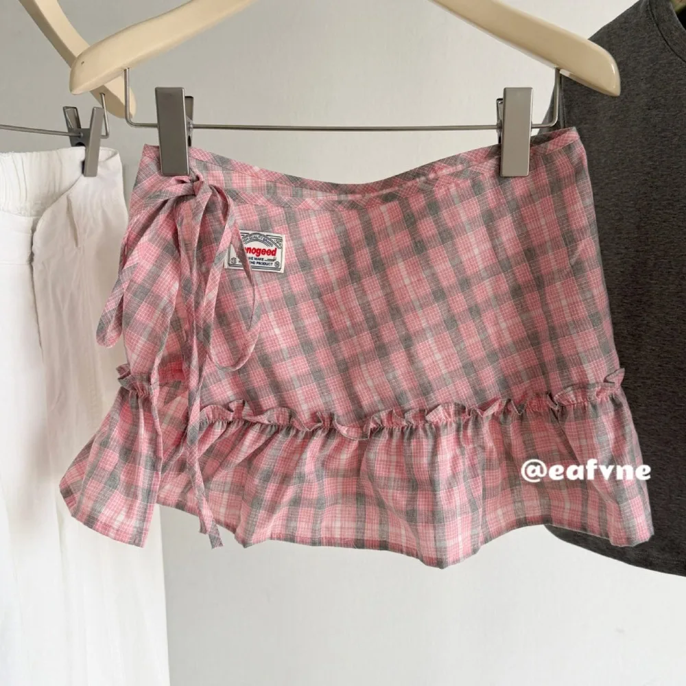 Fashion High-waist Ruffles Belts for Women Jeans Accessories Checkered Pattern Short Skirt Versatile Y2K Mini Skirt Streetwear