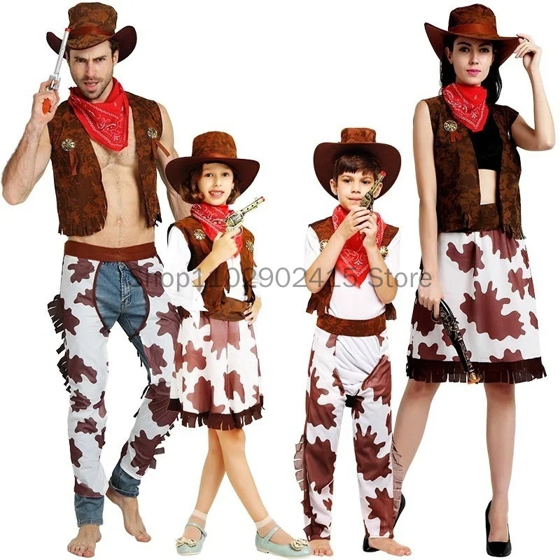 Halloween Western Cowboy Cosplay Set Middle Ages Boys and Girls Cowboy Role Playing Purim Day Costumes