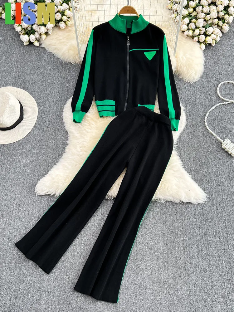 

LISM winter two piece set Winter Tracketsuit Stand Collar Coat Top And Pant Sweater Warm Knitted Suit Thicken Sportwear Clothing