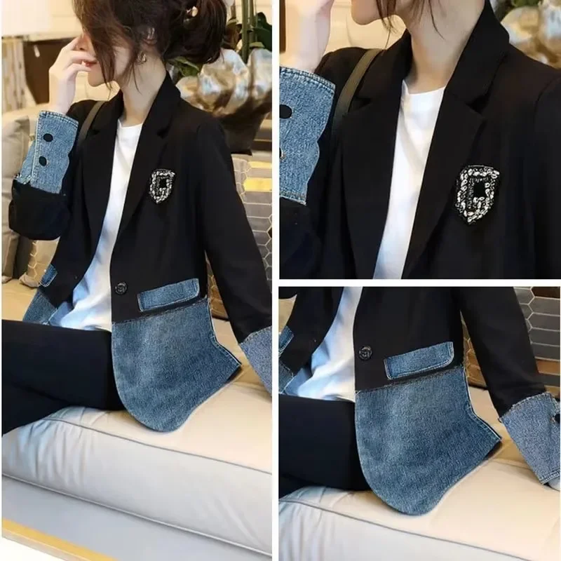 Jaket Denim longgar wanita, mantel jins wanita elegan, pakaian luar Denim wanita, setelan Splicing jaket Denim wanita longgar versi Korea, mode musim gugur 2024