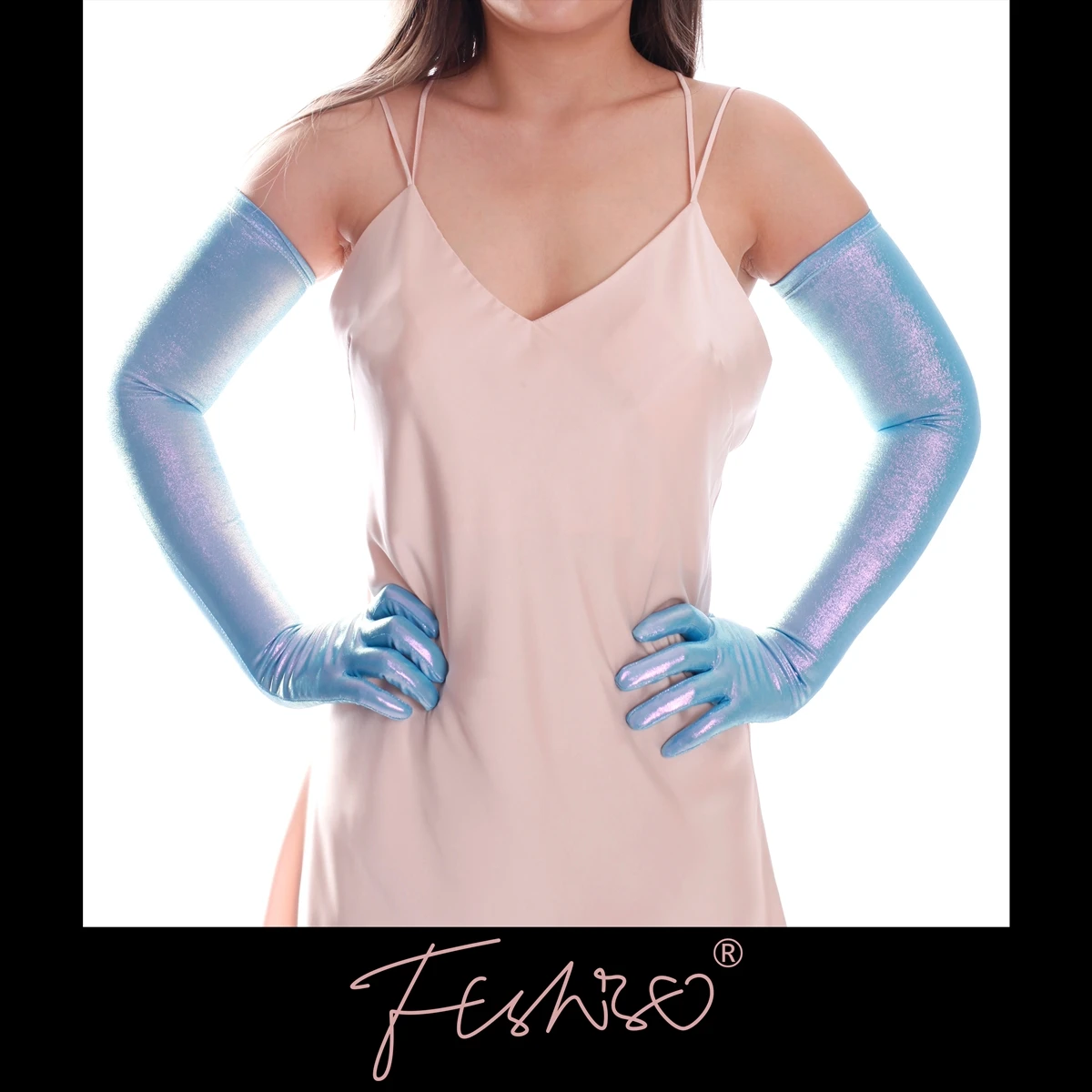 

Ftshist Glossy Metallic Color Long Gloves Shiny Pink Elbow Gloves Dazzling Blue Elastic Mittens Yellow Stretchy Crossdresser